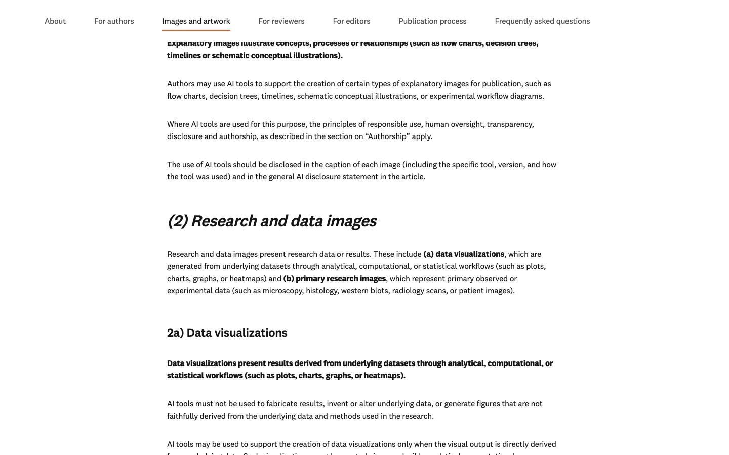 Elsevierの生成AI方針ページ。説明用画像のセクションを示しており、フローチャート、決定木、タイムライン、ワークフロー図へのAI支援を許可している