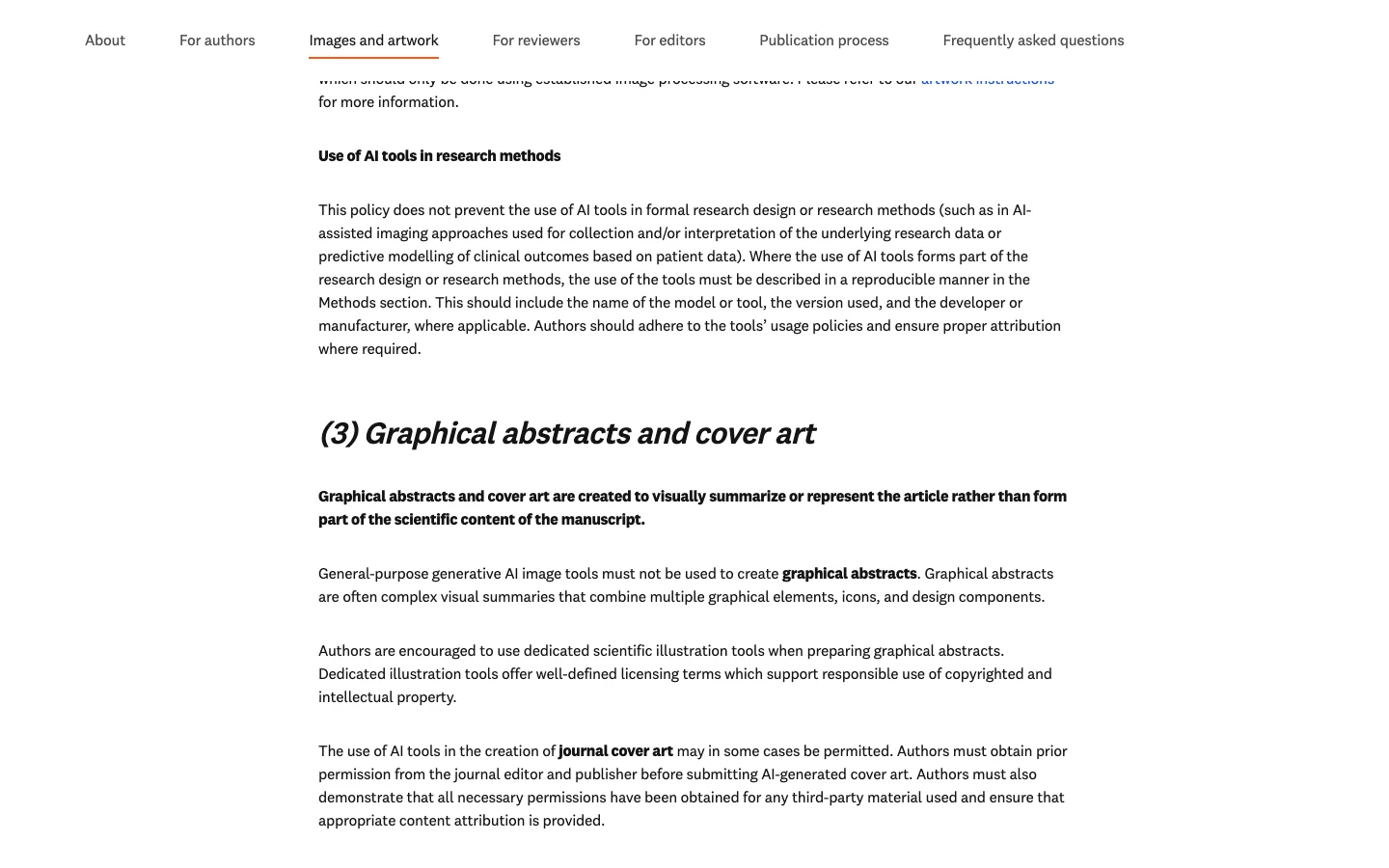Elsevierの方針のグラフィカルアブストラクトとカバーアートに関するセクション。グラフィカルアブストラクトに汎用の生成AI画像ツールを使用してはならないと記載