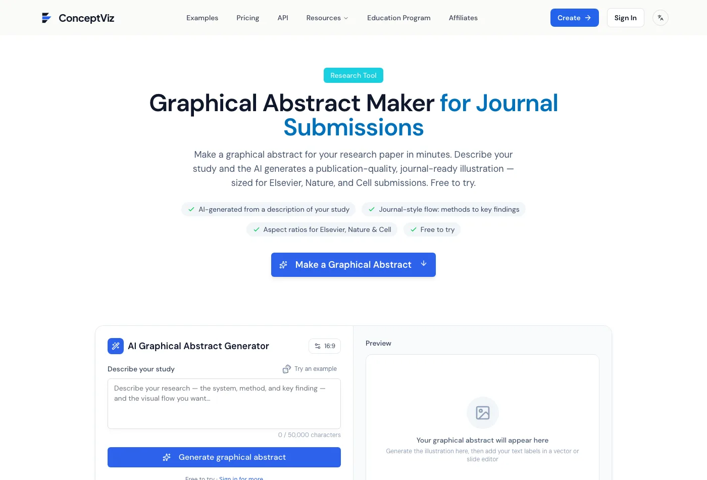 ConceptViz's graphical abstract maker page, with the headline claim that the AI generates a journal-ready illustration sized for Elsevier, Nature and Cell, and a note under the input box saying to add text labels afterwards in a vector or slide editor