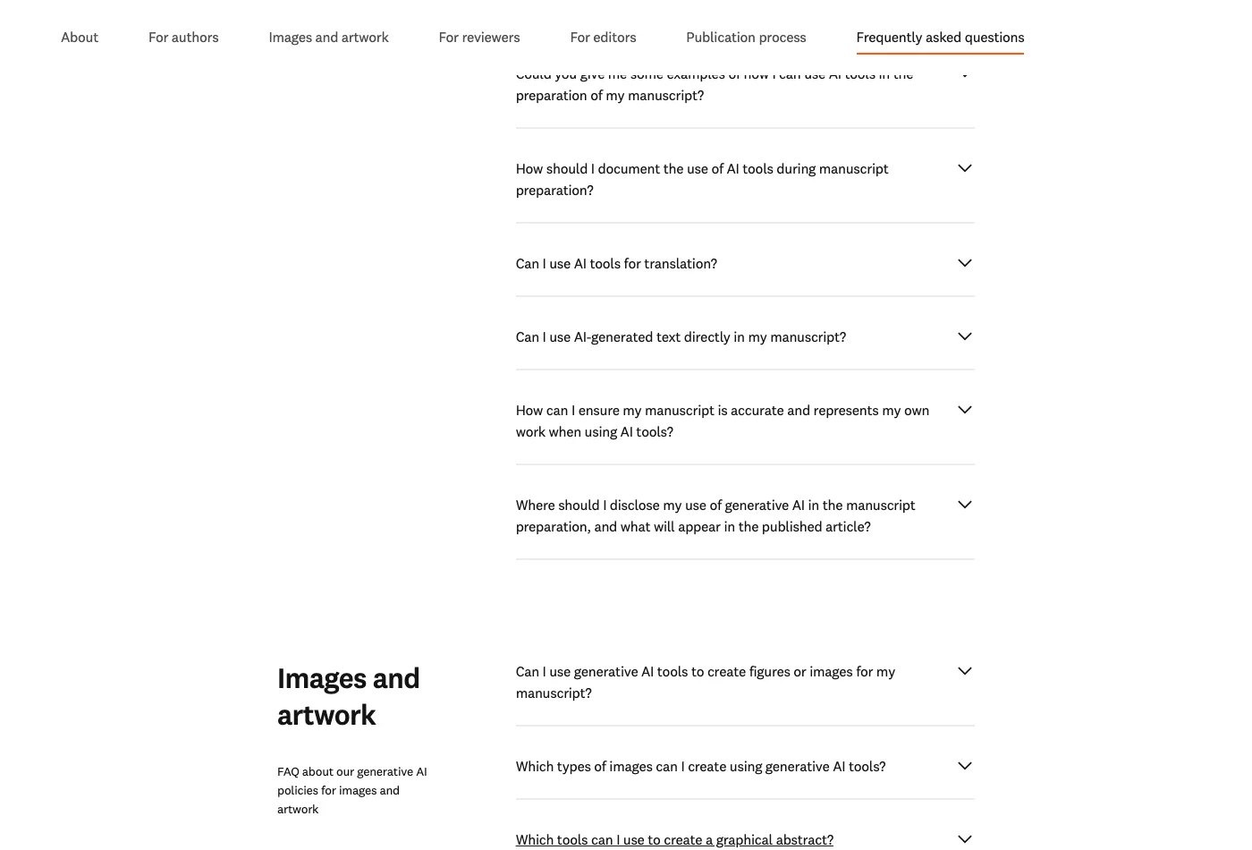 Elsevier's FAQ answer naming BioRender and Mind the Graph as acceptable tools and stating that general-purpose generative AI tools must not be used to create graphical abstracts