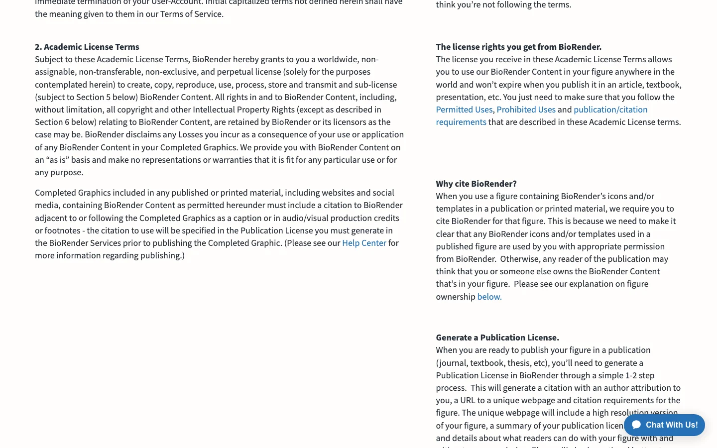 BioRender's academic licence terms, showing the clause that requires a citation specified by a Publication License generated before publishing, alongside BioRender's own plain-English note that generating one is a 1-2 step process
