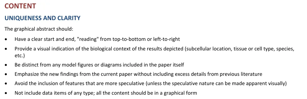 The Content section of the Cell Press graphical abstract guidelines, listing six bullet rules including "be distinct from any model figures or diagrams included in the paper itself" and "not include data items of any type".