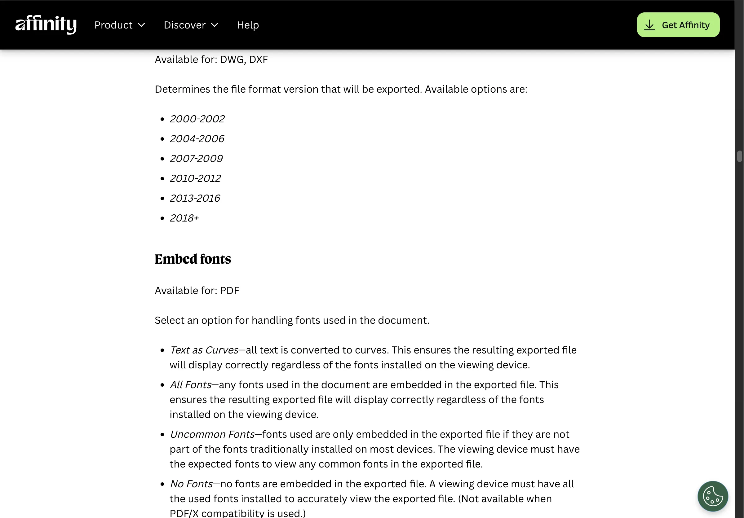 Affinity's export settings help page, listing four Embed fonts options for PDF export: Text as Curves, All Fonts, Uncommon Fonts and No Fonts