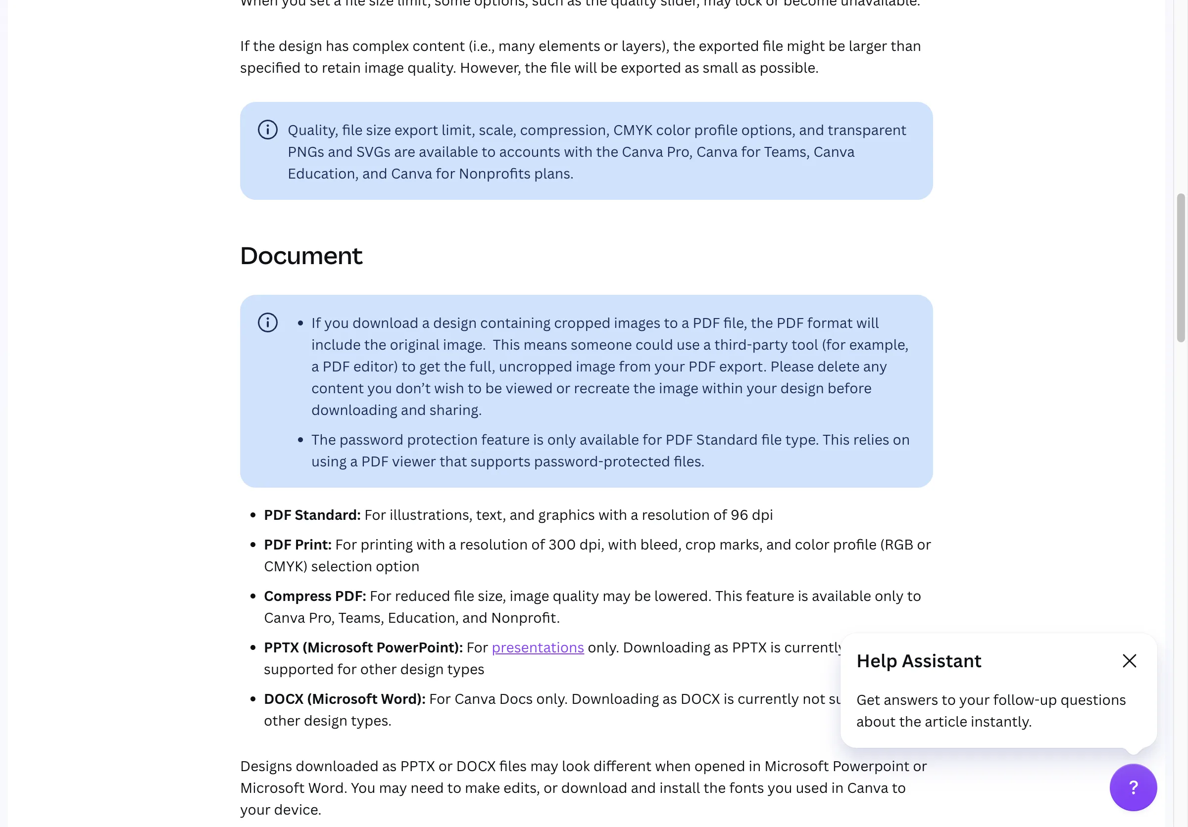 Canva's download help page, with the note that quality, scale, compression, CMYK and transparent PNG and SVG export are paid-plan features, above the list of PDF types