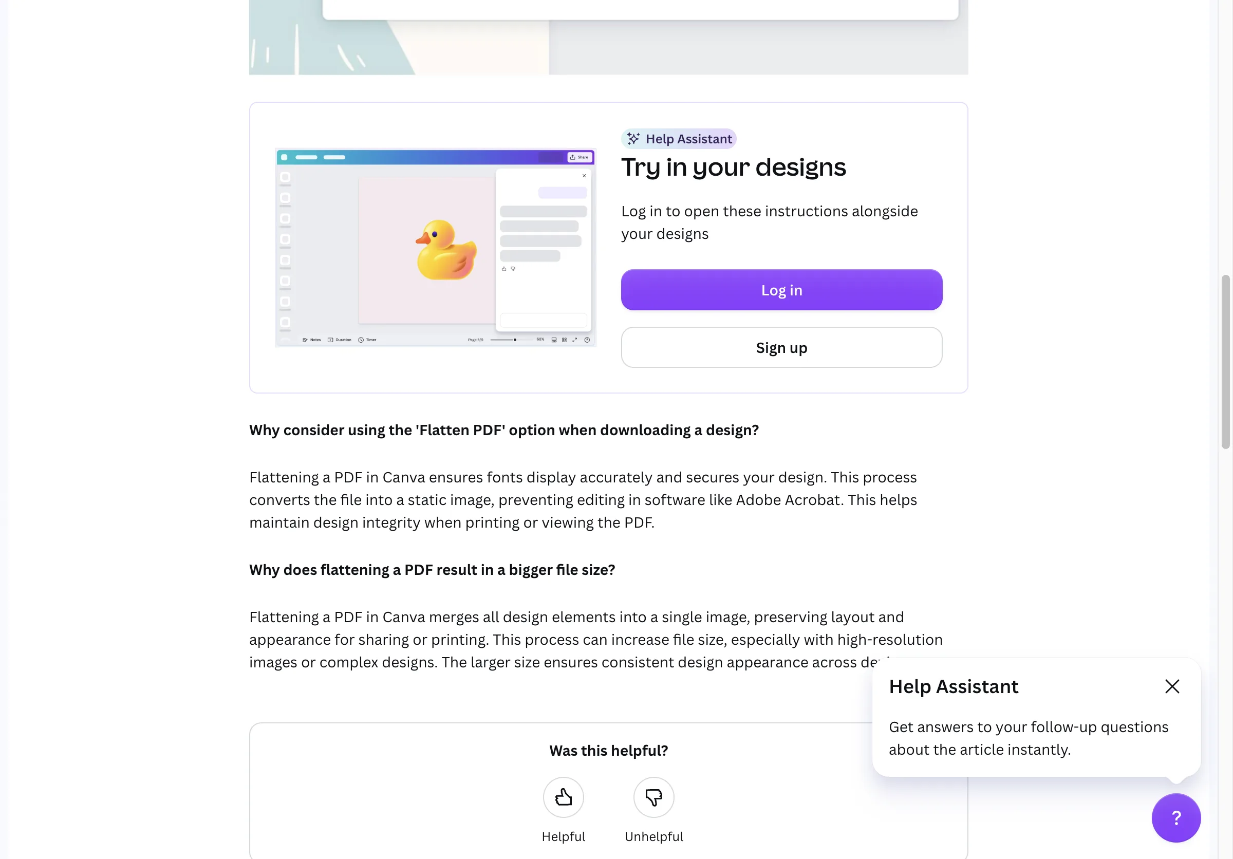 Canva's flattened PDF help page, explaining that flattening makes fonts display accurately by converting the file into a static image