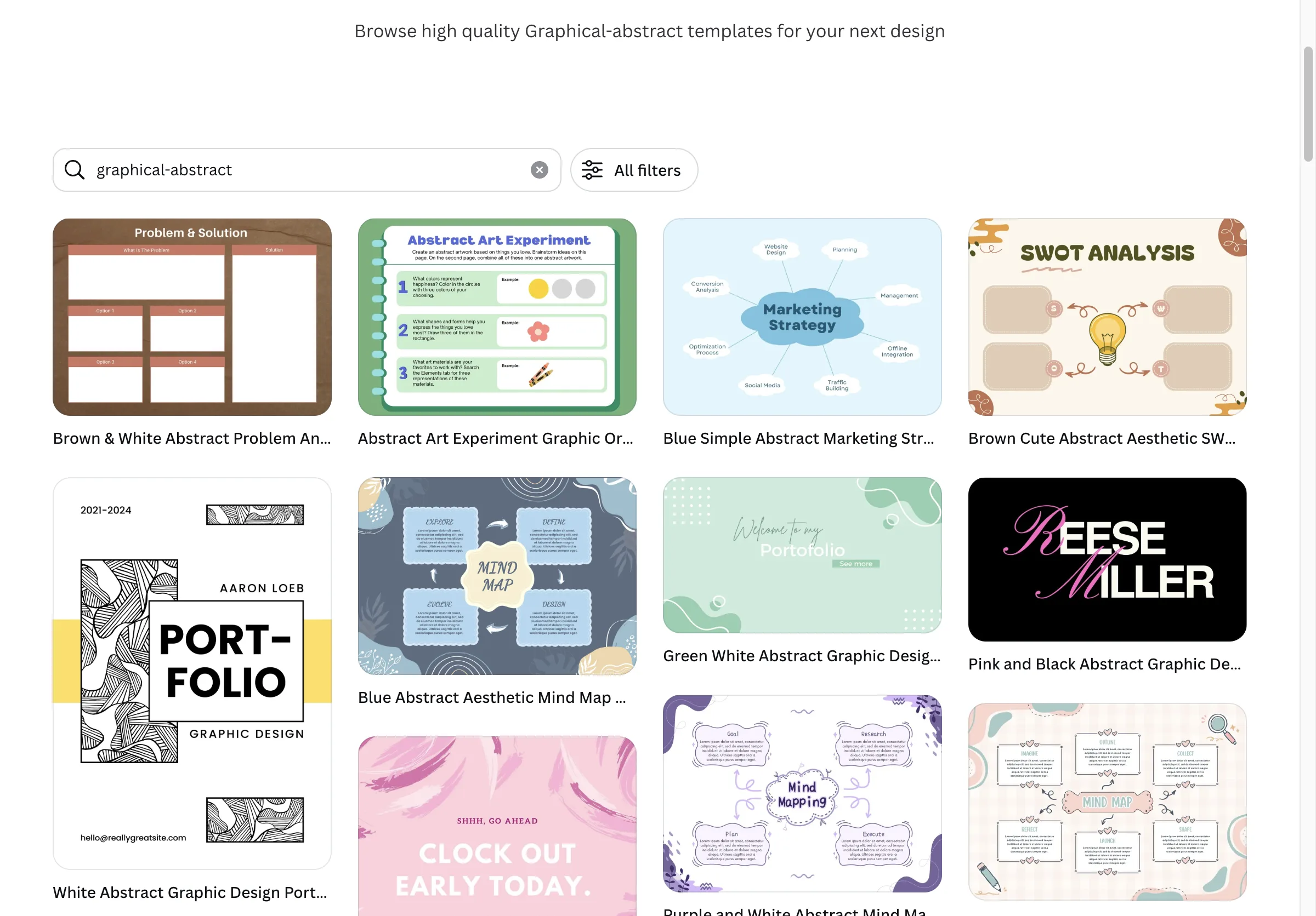 Canva's template search results for "graphical-abstract", showing a SWOT analysis, portfolio covers, mind maps and Pinterest pins, none of them scientific