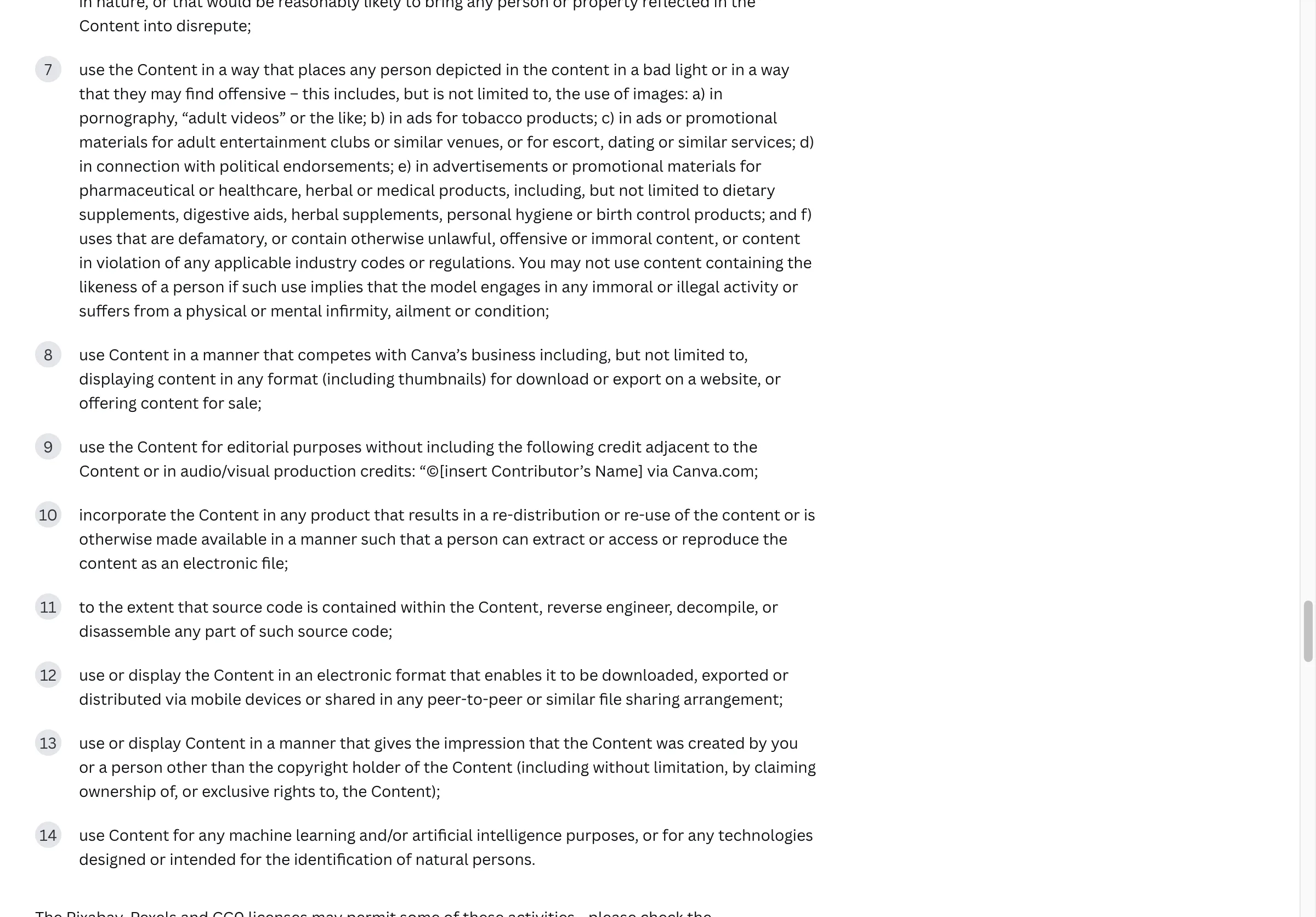 Canva's prohibited uses list, showing the editorial credit requirement and the clause about content a person can extract as an electronic file