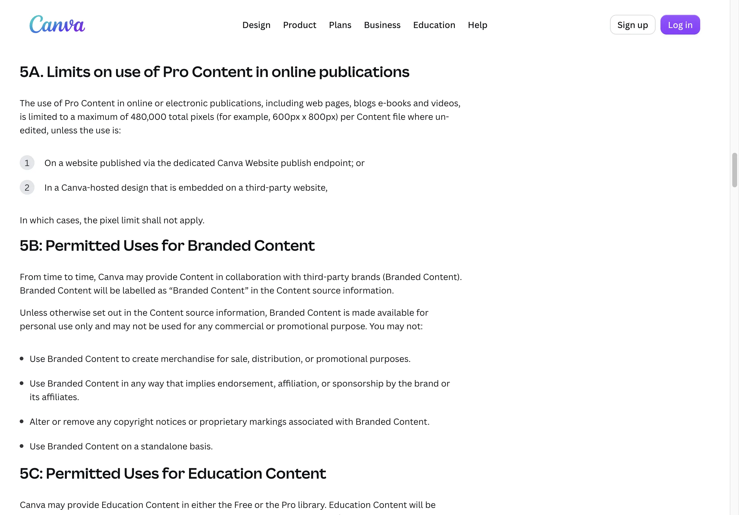 Canva's Content License Agreement, section 5A, capping Pro Content in online or electronic publications at 480,000 total pixels per content file where un-edited