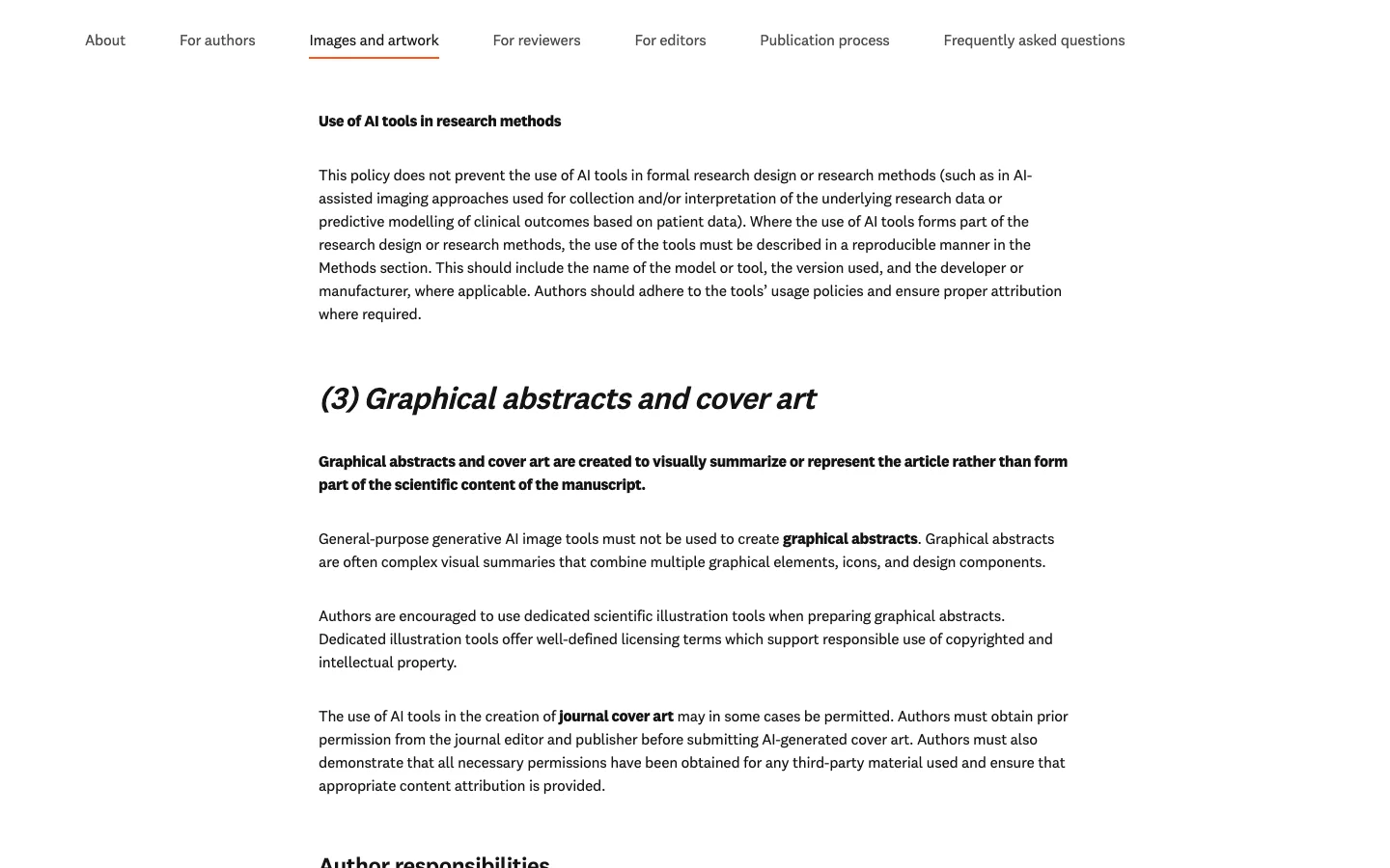 Elsevier's generative AI policy page, section three on graphical abstracts and cover art, stating that general-purpose generative AI image tools must not be used to create graphical abstracts