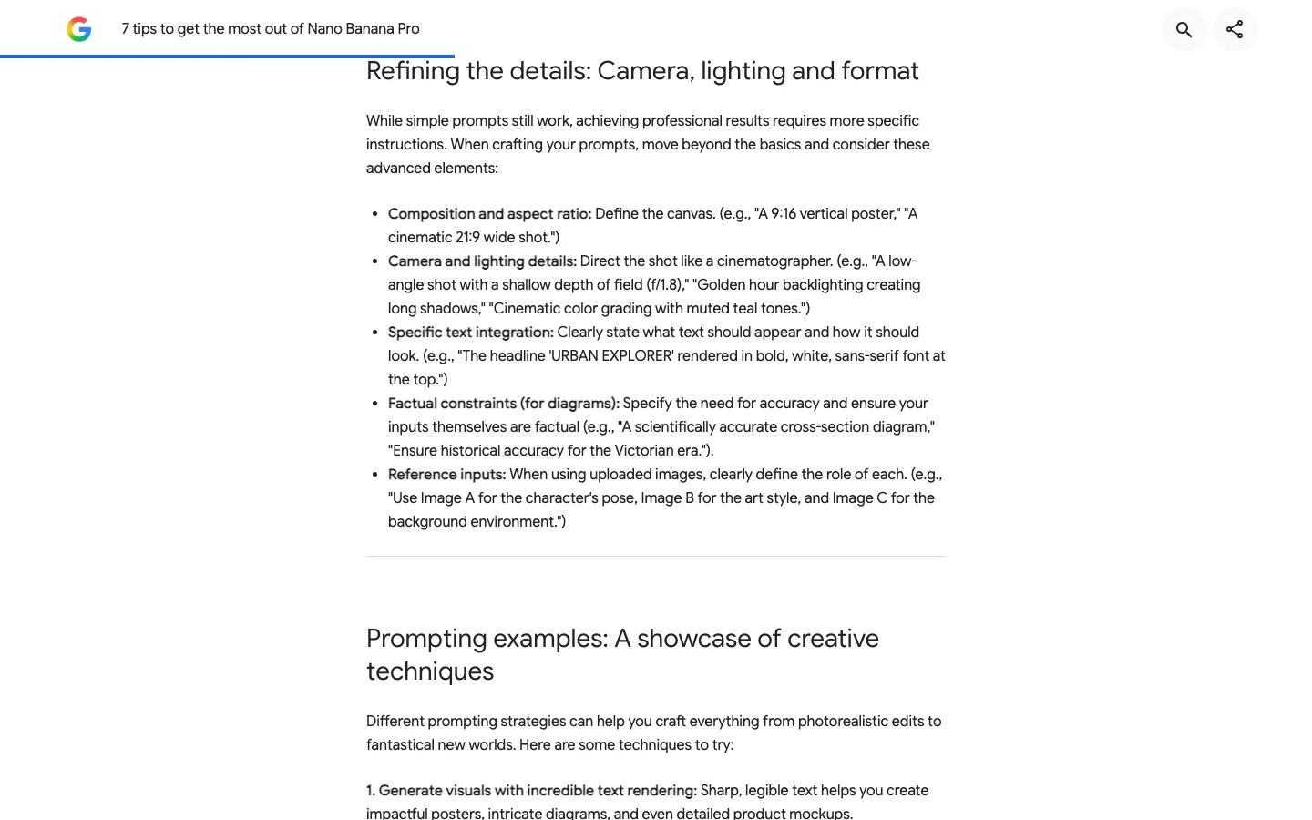 Google's prompting tips for Nano Banana Pro, listing composition and aspect ratio, camera and lighting, specific text integration, factual constraints for diagrams, and reference inputs
