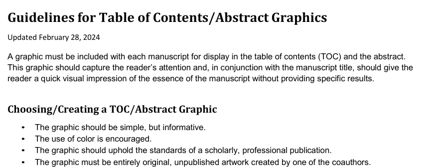 The ACS Guidelines for Table of Contents/Abstract Graphics, showing the bullet requiring the graphic to be entirely original, unpublished artwork created by one of the coauthors