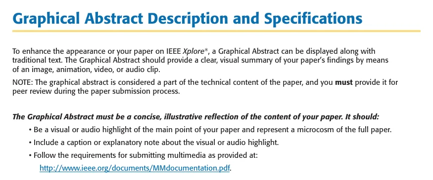 The IEEE graphical abstract specification sheet, listing the requirement to include a caption or explanatory note about the visual highlight