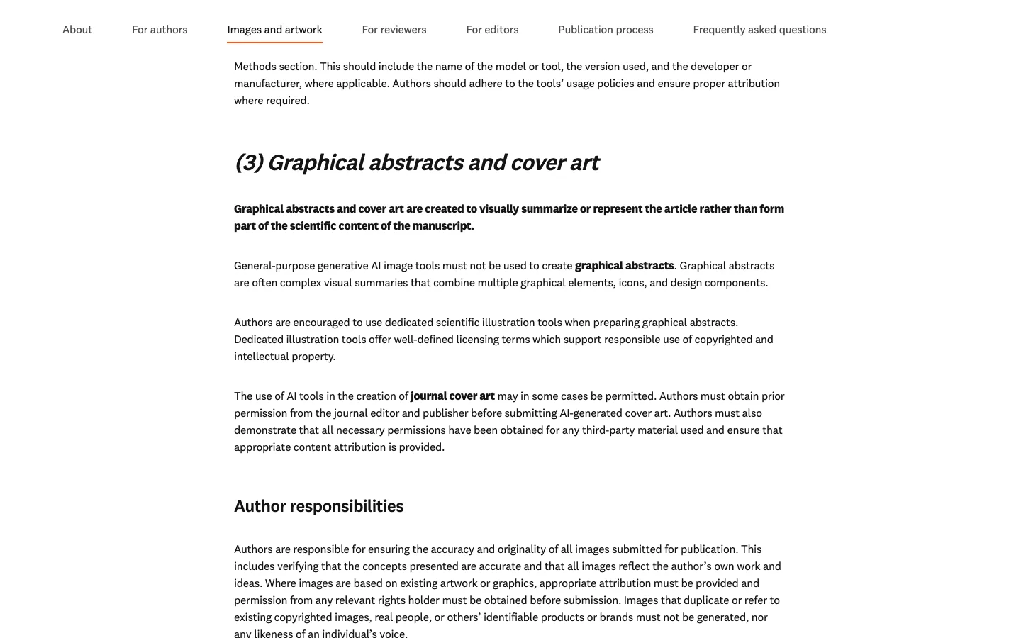 Elsevier's generative AI policy page, section three, stating that general-purpose generative AI image tools must not be used to create graphical abstracts