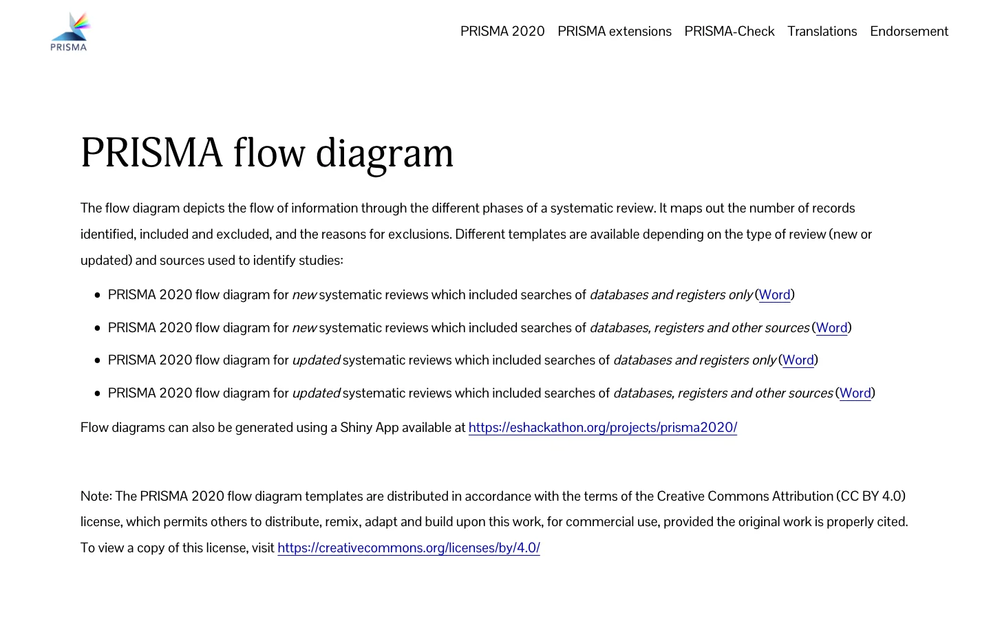 The PRISMA flow diagram page on prisma-statement.org, listing four Word templates and the Shiny app link