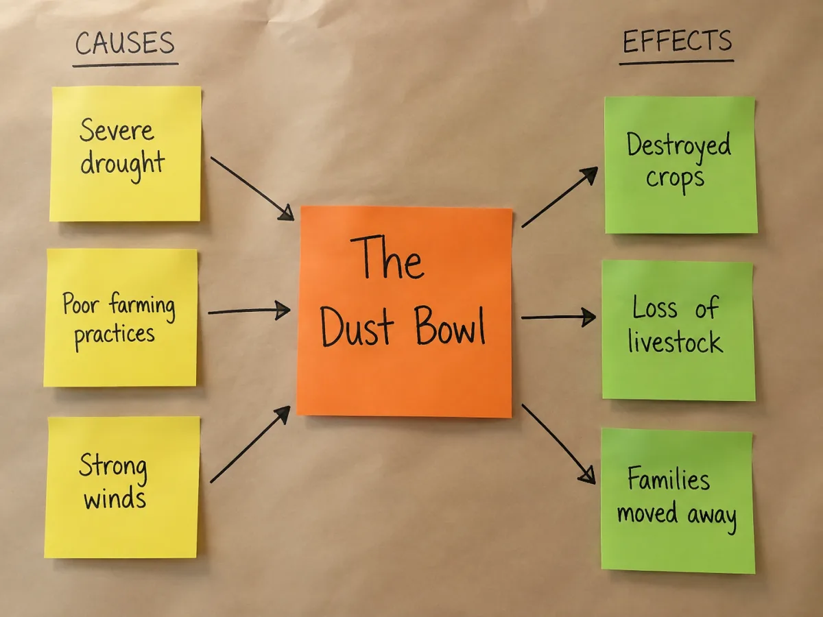 Sticky note cause and effect diagram on a kraft paper wall, three yellow cause notes on the left, a central orange note reading The Dust Bowl, three green effect notes on the right, connected with marker arrows