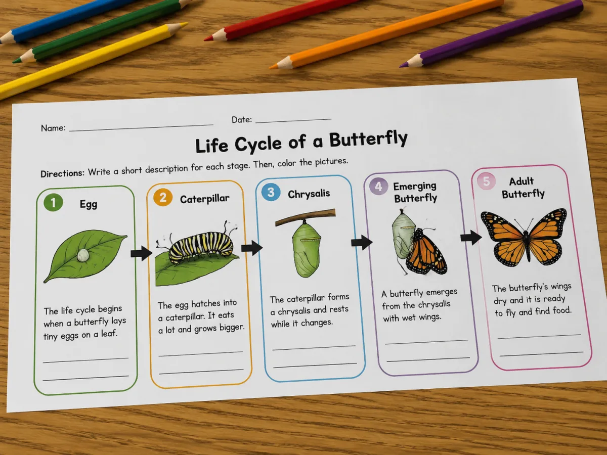 Event chain handout lying flat on a desk with five rounded boxes linked by arrows tracing the butterfly life cycle from left to right, colored pencils scattered above it
