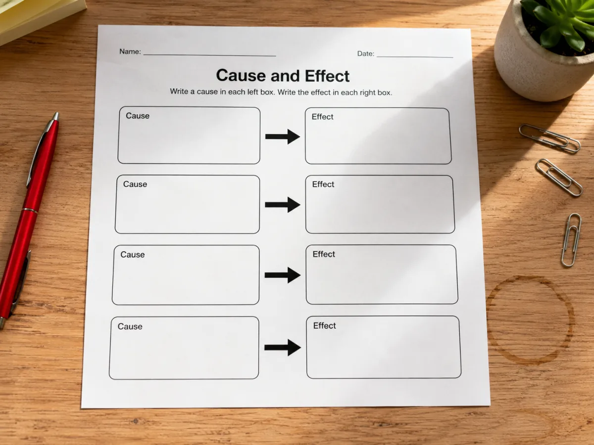 Blank Cause and Effect fill-in worksheet on a teacher's desk with a bold arrow connecting empty boxes, a red pen and paperclip beside it