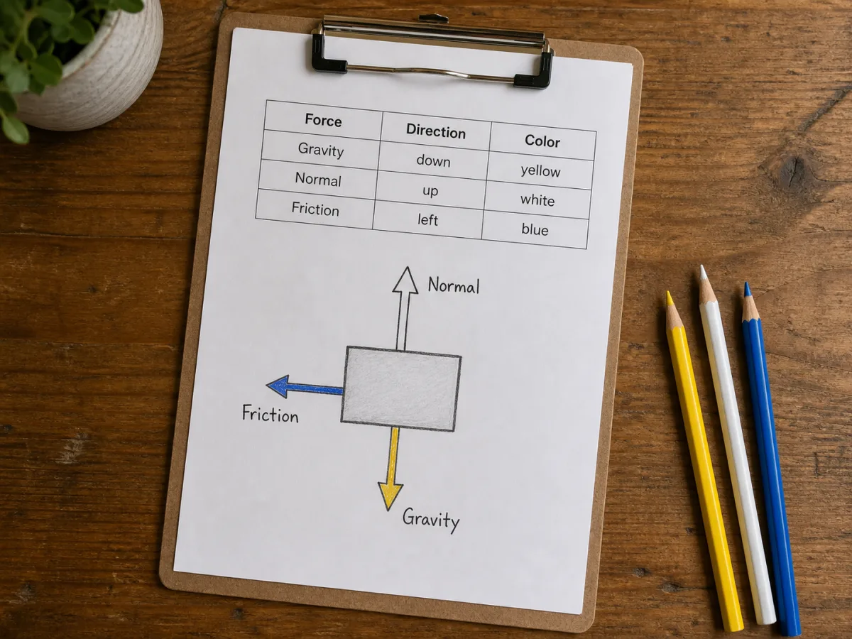 Interface du créateur de diagramme avec un tableau de forces étiquetées et des flèches colorées