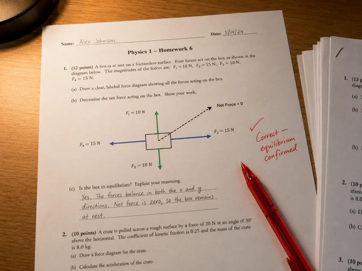 Diagramme de forces avec une flèche de force résultante en pointillé sommant toutes les forces appliquées