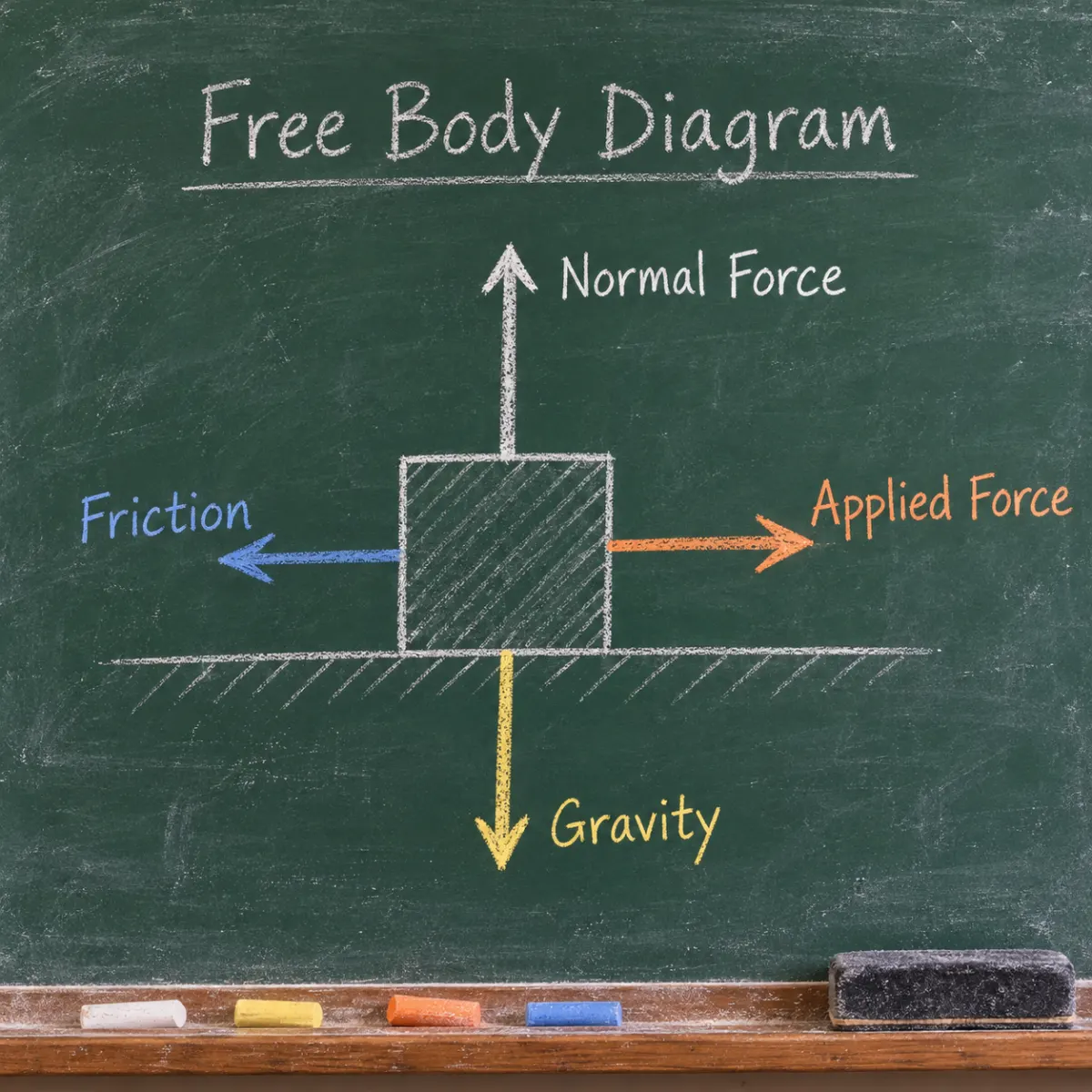 Diagramme étiqueté identifiant les flèches de gravité, réaction normale, force appliquée et frottement