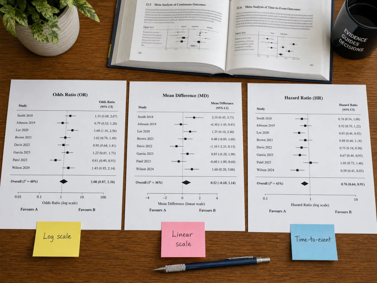 Effect type selector for OR, RR, HR, MD, and SMD in the forest plot maker