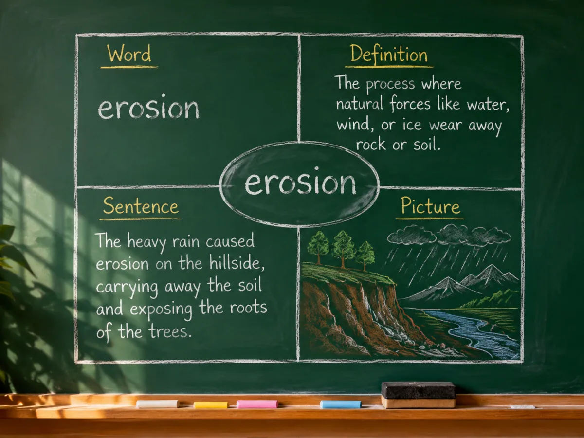 Chalk-drawn four-square Frayer vocabulary chart on a green chalkboard with quadrants labeled Word, Definition, Sentence, and Picture around the center word erosion, a chalk illustration in the bottom right box