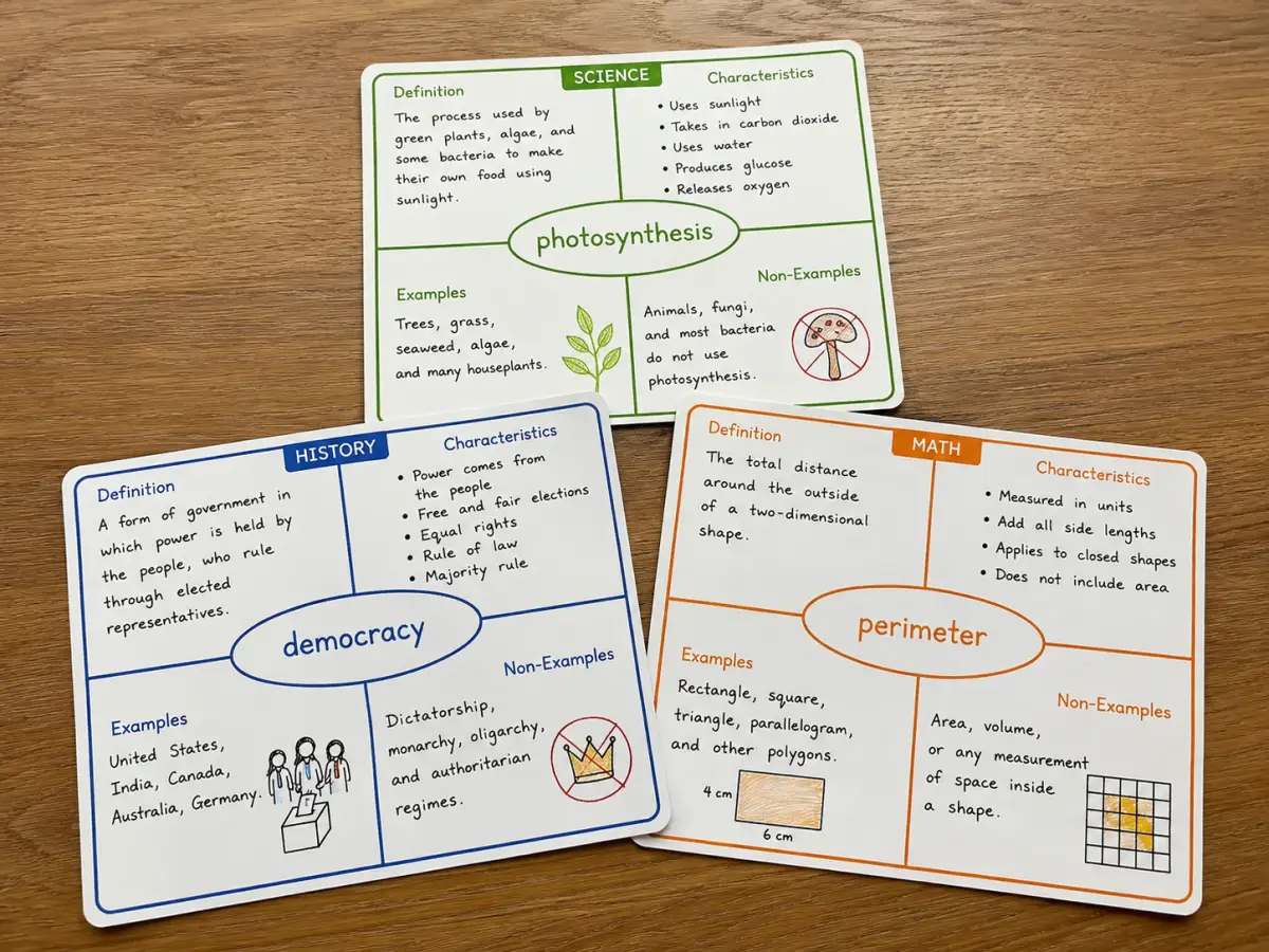 Three Frayer Model vocabulary cards from different subjects fanned out on a wooden table, covering photosynthesis for science, democracy for history, and perimeter for math