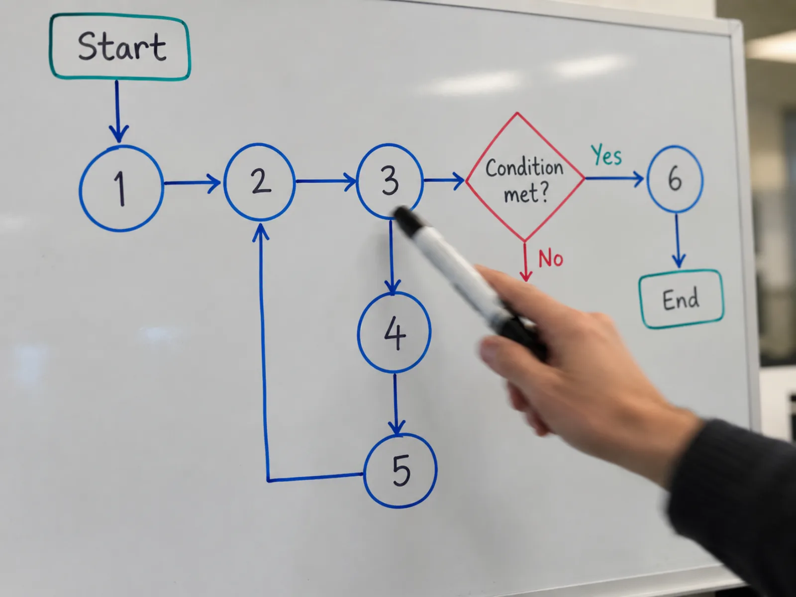 Organigramme sur tableau blanc avec des nœuds numérotés, une main pointant une jonction