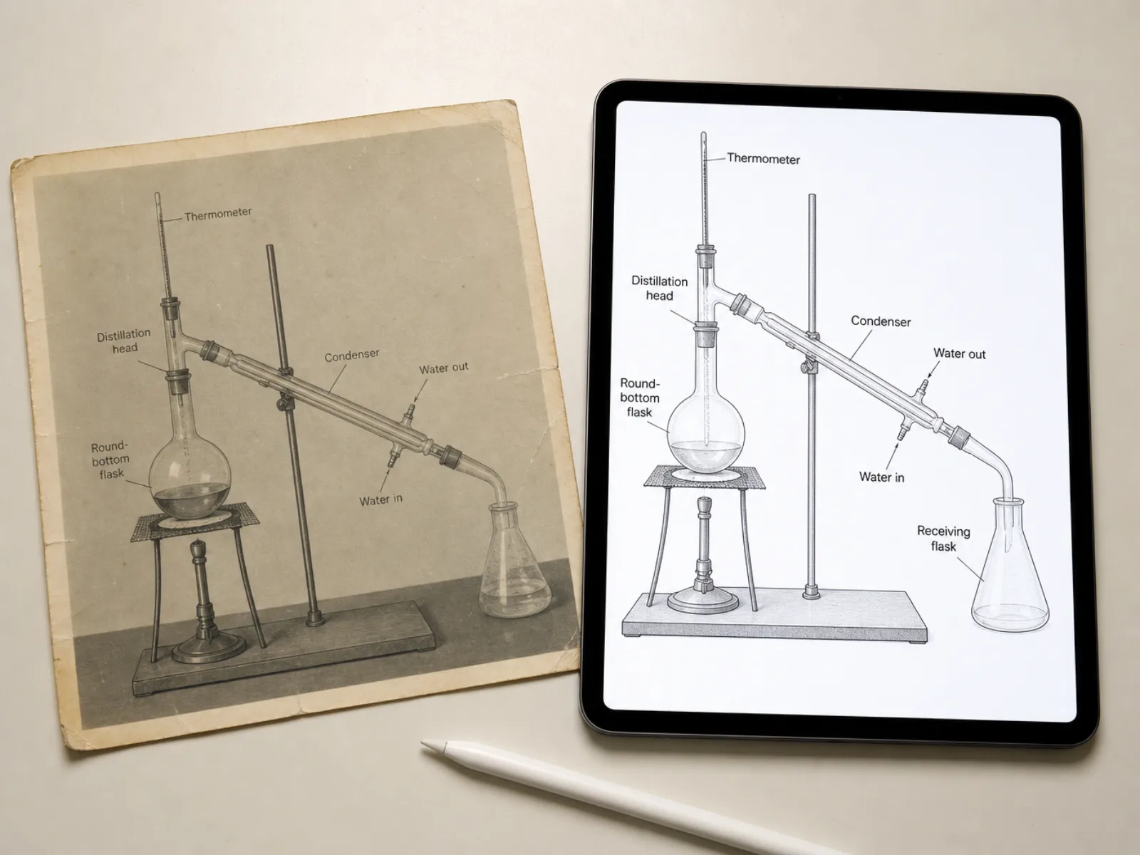 Ancienne photo de laboratoire délavée à côté d'une tablette montrant le même montage redessiné avec des légendes propres