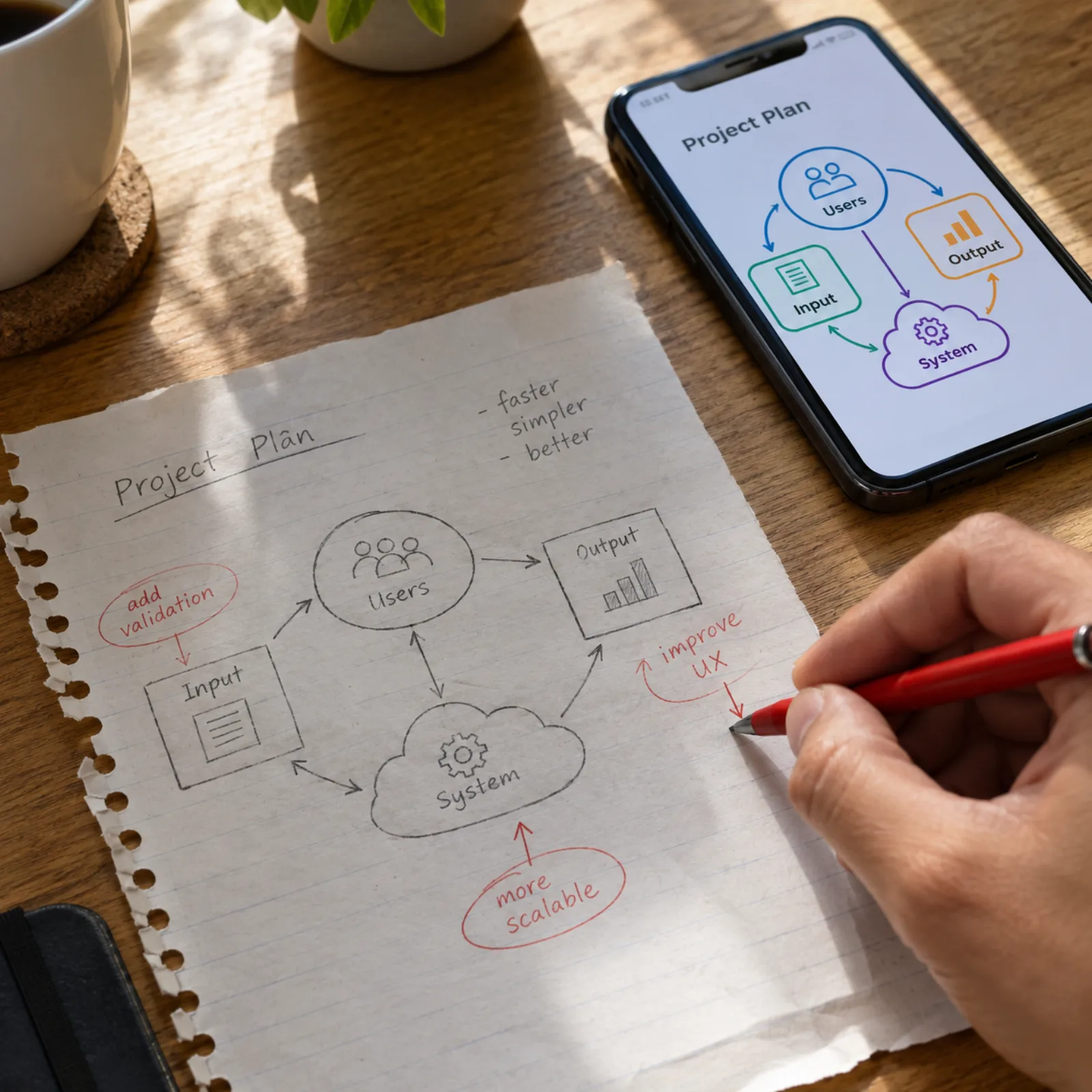 Main annotant un croquis à côté d'un téléphone affichant le même schéma redessiné en figure vectorielle propre