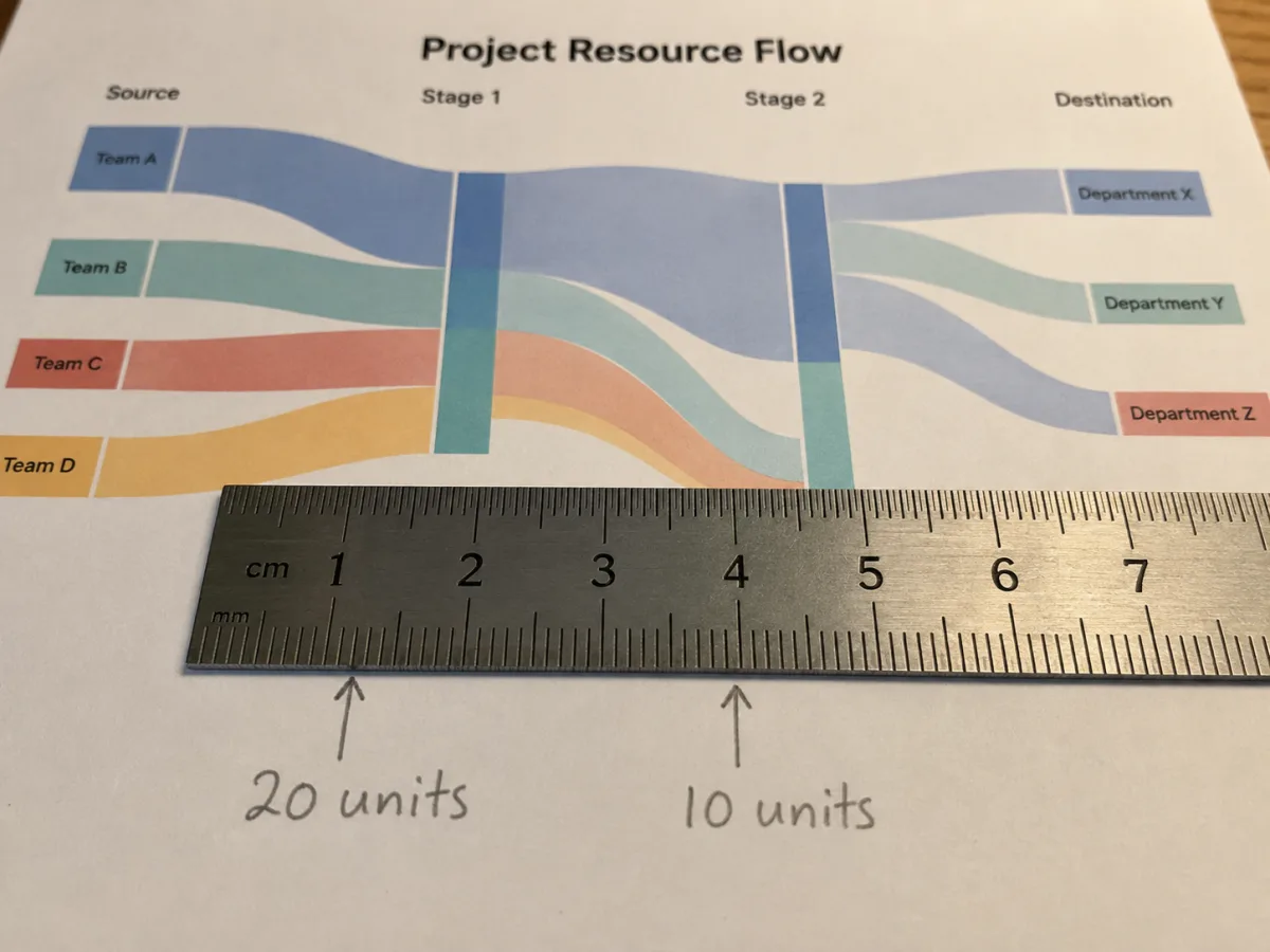 Close-up of Sankey diagram bands with widths scaled proportionally to underlying flow values