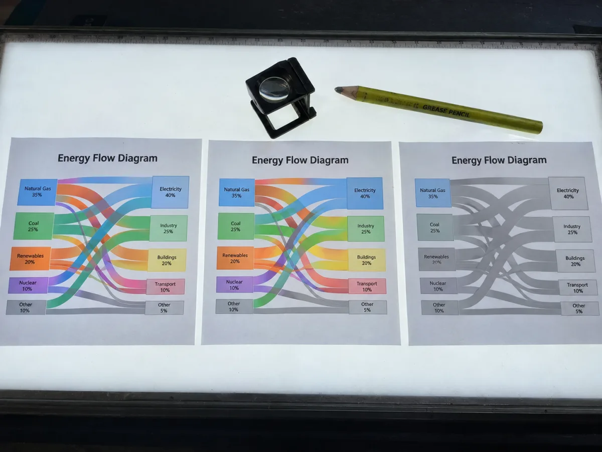 Sankey diagram generator settings panel for node width, spacing, color mode, and canvas dimensions