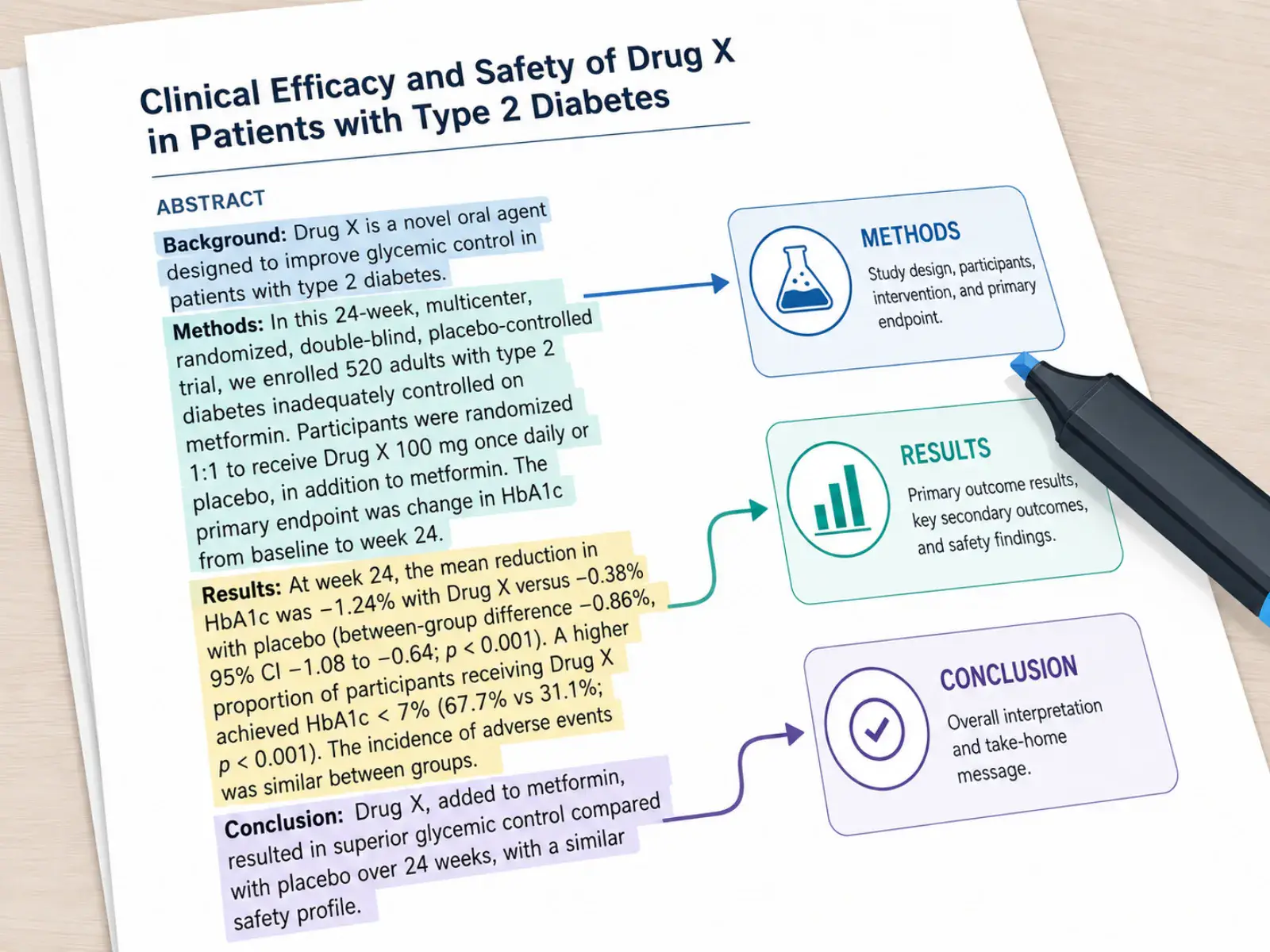 Visual abstract maker splitting a pasted abstract into methods, results and conclusion columns