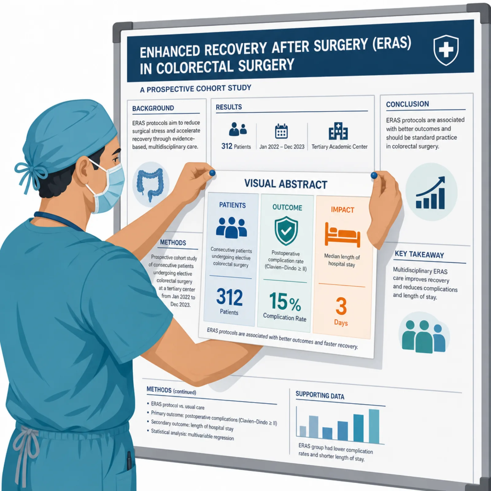 Clinician reviewing a three-column visual abstract summarizing a clinical trial