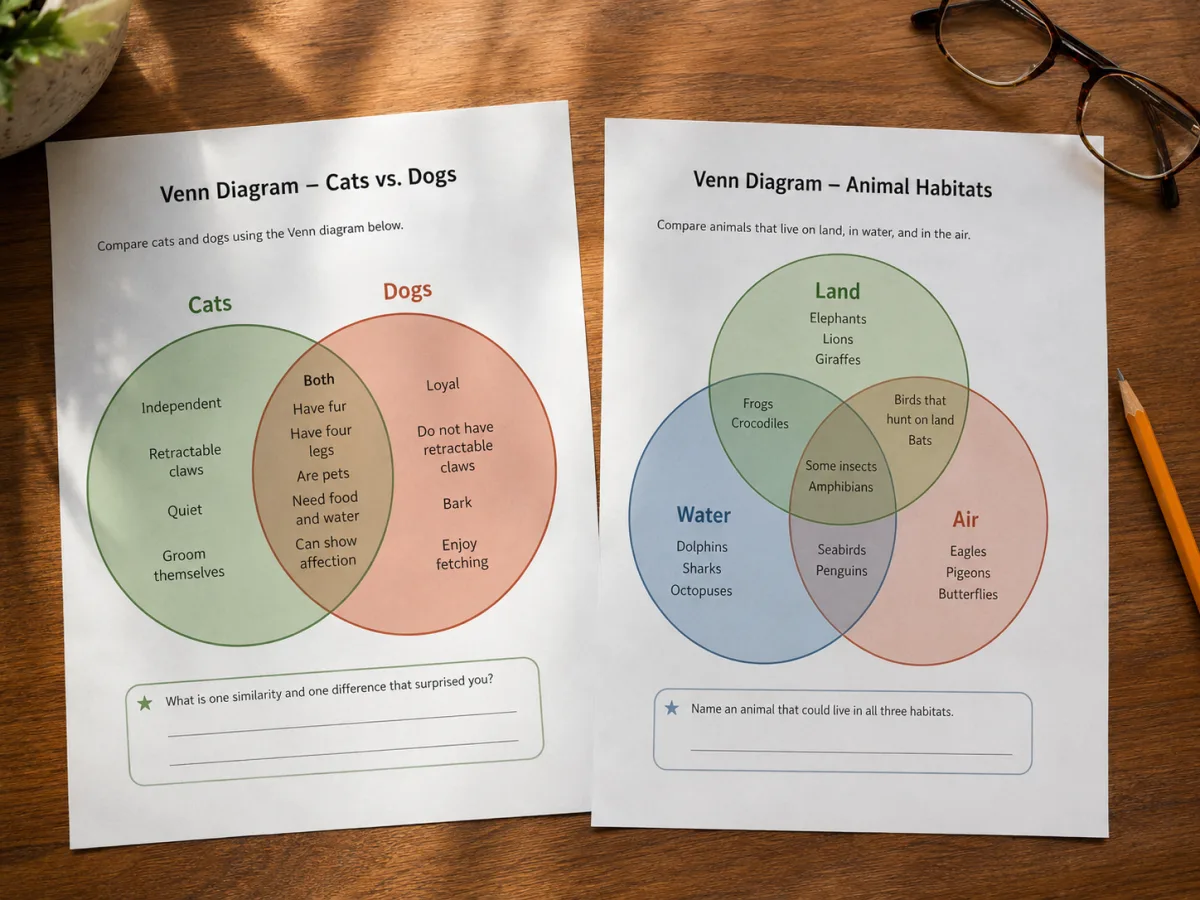 Overhead view of a wooden teacher's desk with two printed Venn diagram handouts side by side, a Cats vs Dogs two-circle diagram on the left and a Land, Water, Air three-circle animal habitat diagram on the right