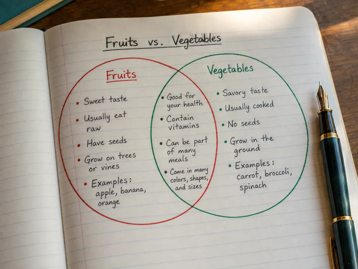 Close-up of a student notebook with a hand-drawn two-circle Venn diagram comparing Fruits and Vegetables, handwritten items in each region, a pen resting beside it