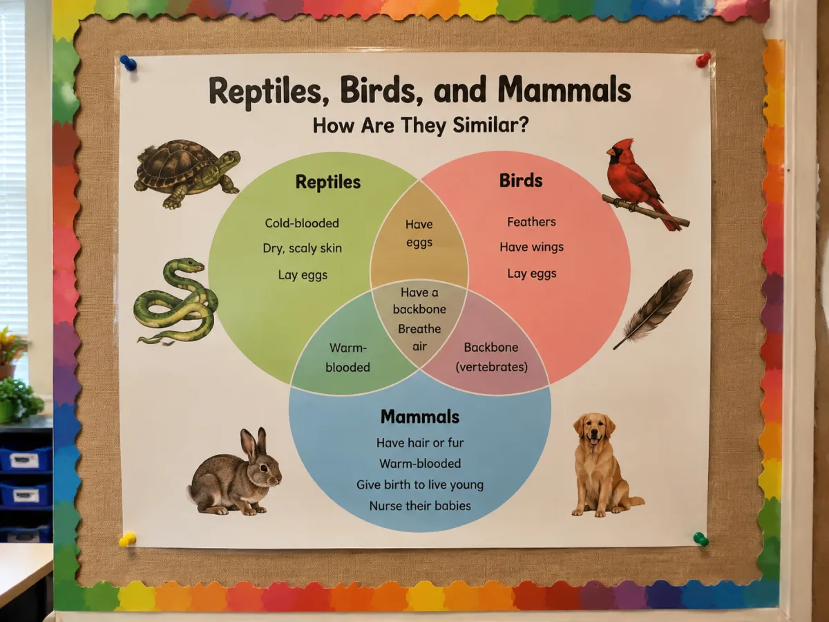Colorful three-circle Venn diagram poster pinned to a classroom bulletin board comparing Reptiles, Birds, and Mammals