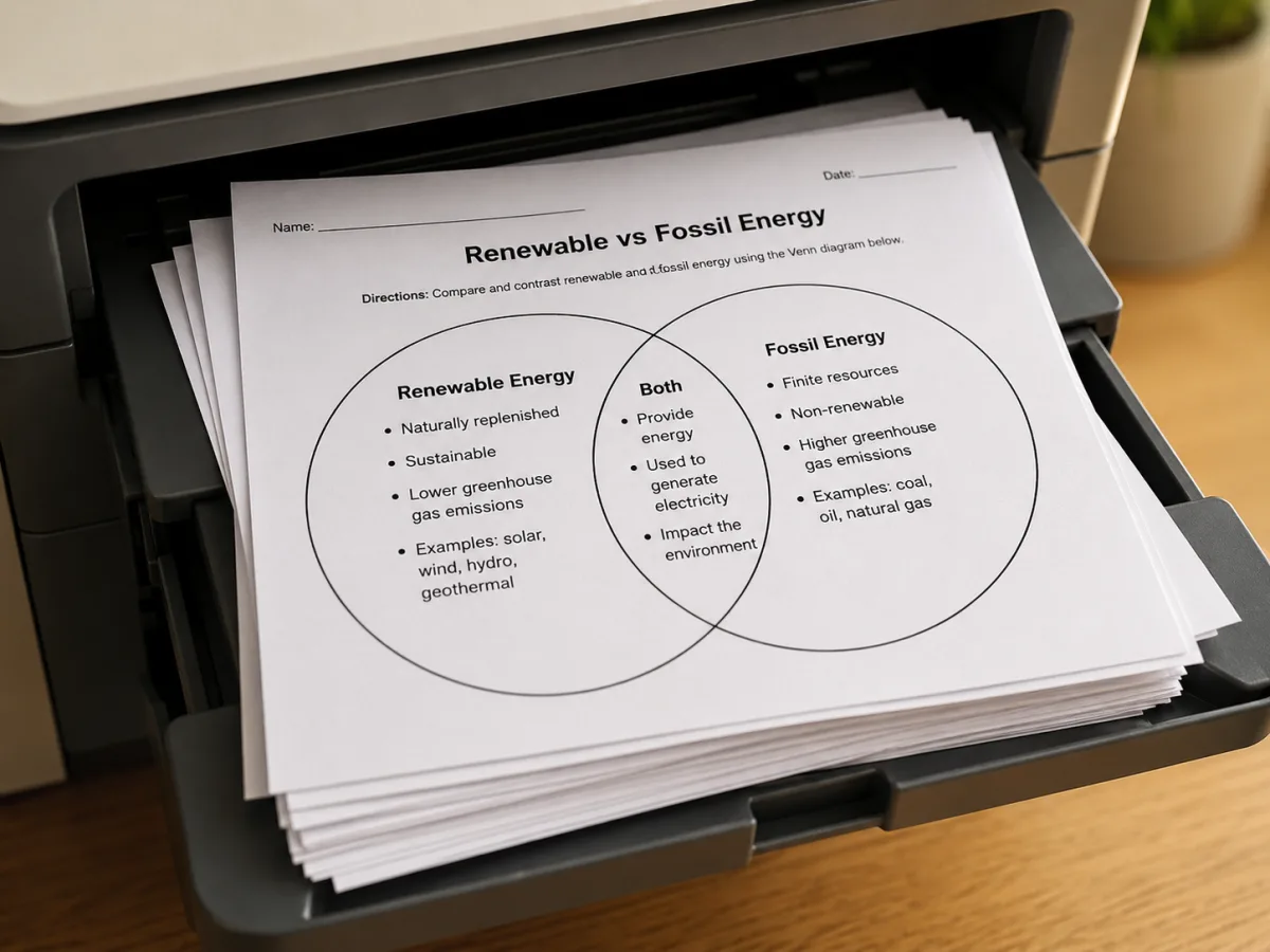 Stack of freshly printed Venn diagram handouts in a printer output tray, the top sheet showing a Renewable vs Fossil Energy two-circle diagram